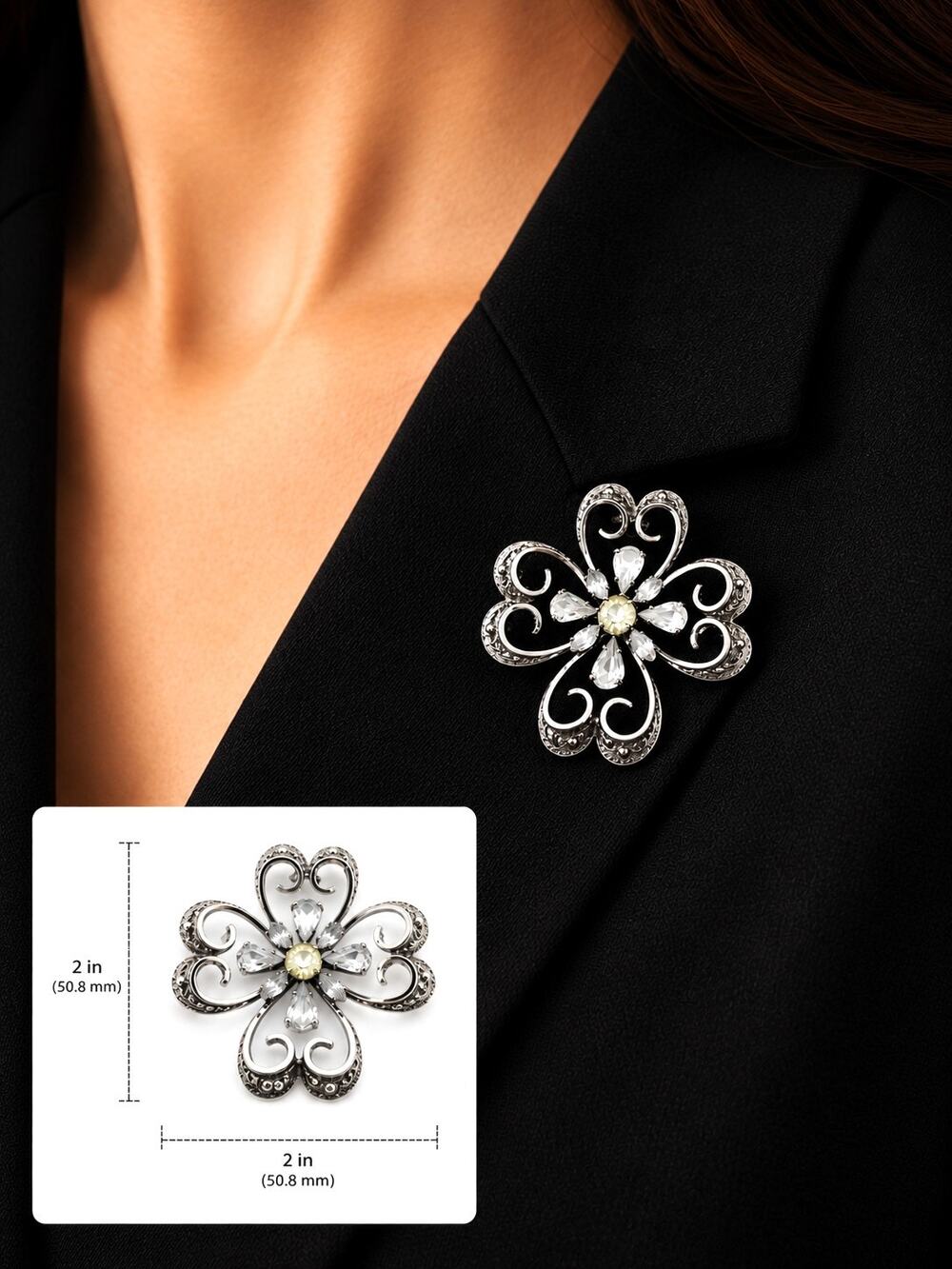 Vintage AM LEE Sterling Silver Filigree Rhinestone Flower Brooch Pin 2"